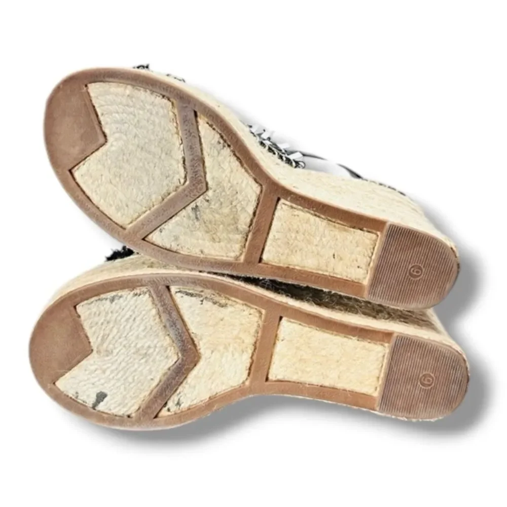 Marc Fisher Andrew Espadrille Wedge Sandals Black White Woven Platform Sz 6 Euro